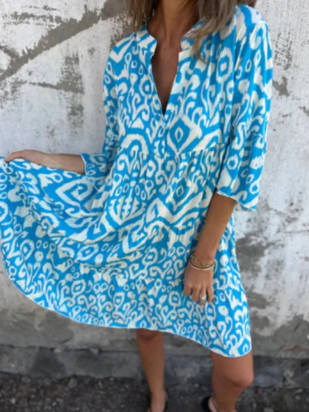 Full Size Printed Notched Half Sleeve Dress Plus Size, image 19
