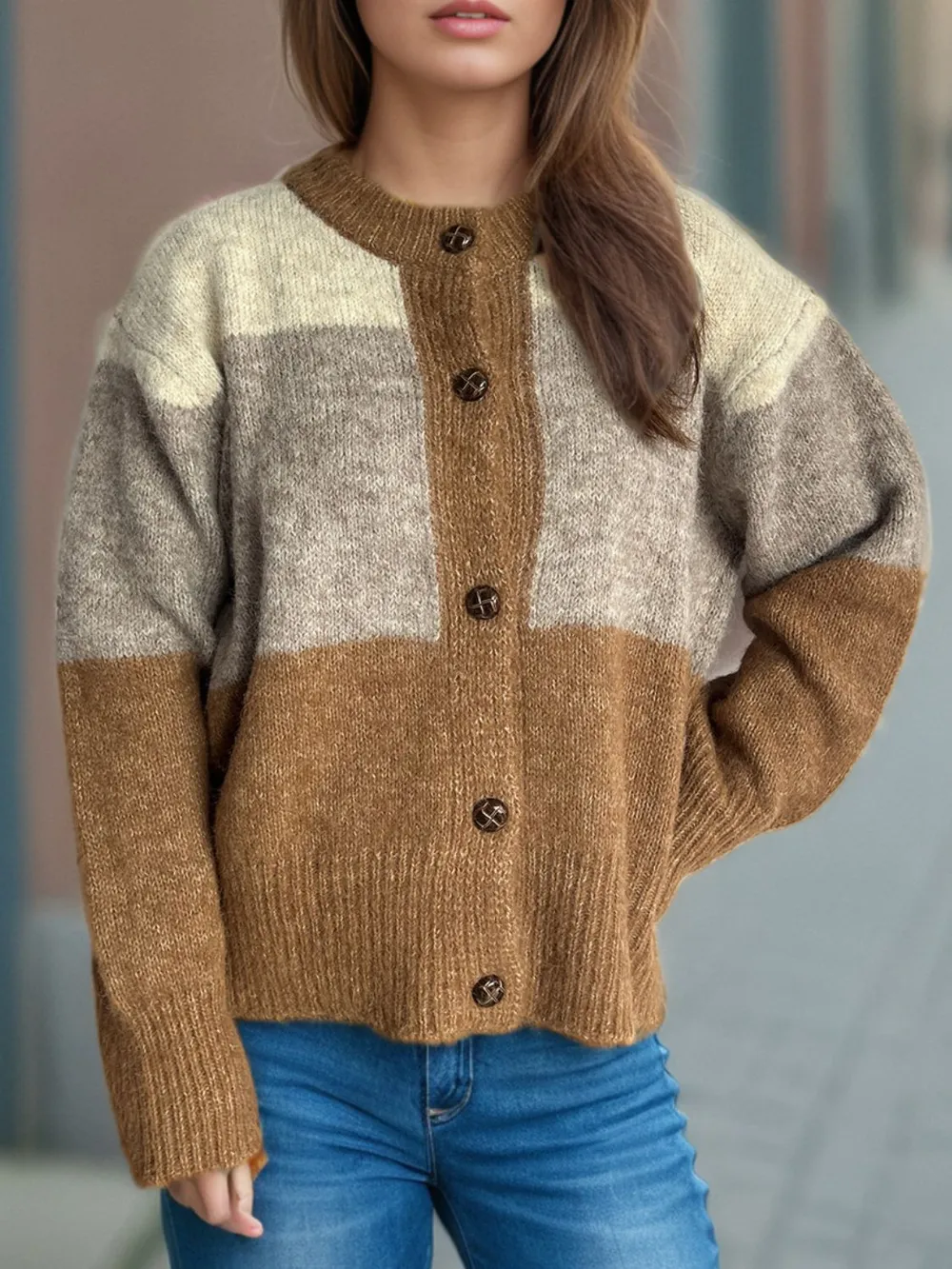 Color Block Round Neck Button Up Cardigan, image 7