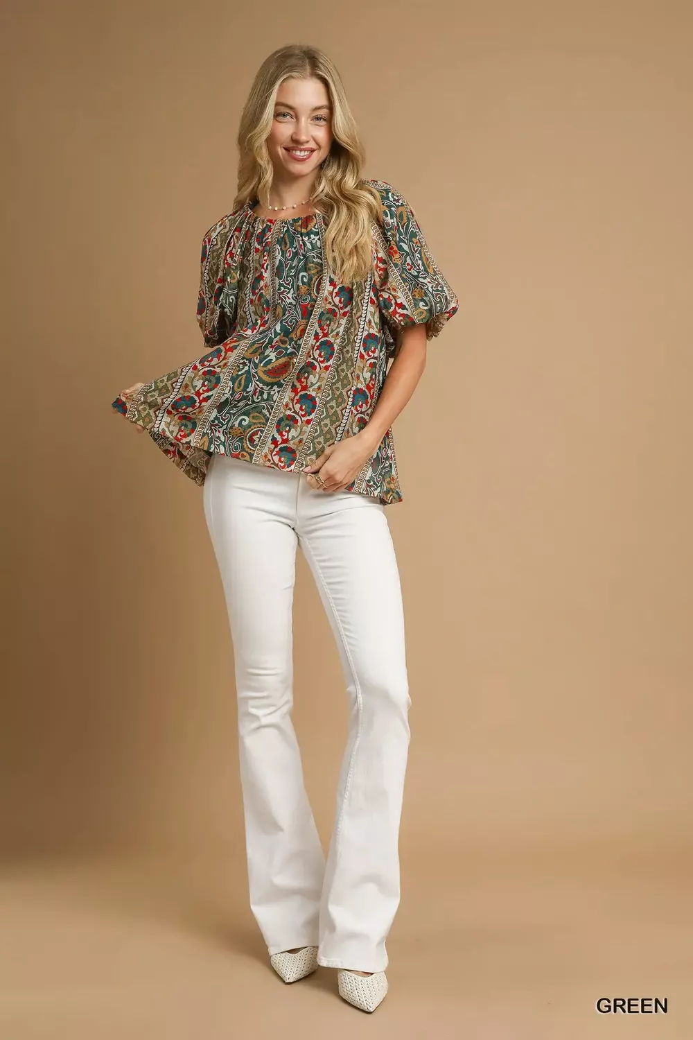 Boho Floral Stripe Puff Sleeve Blouse, image 4