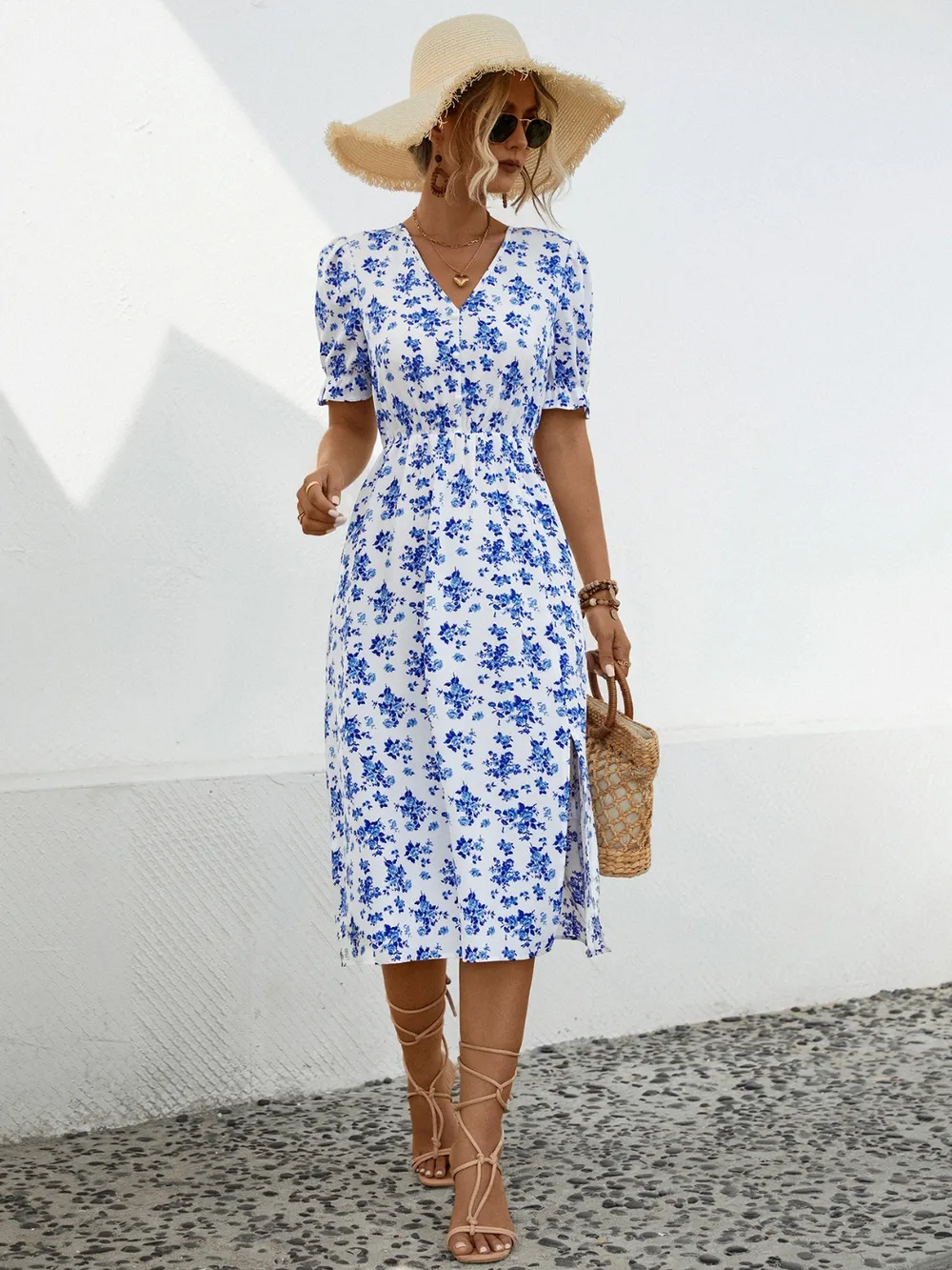 Slit Printed V-Neck Short Sleeve Dress, image 8