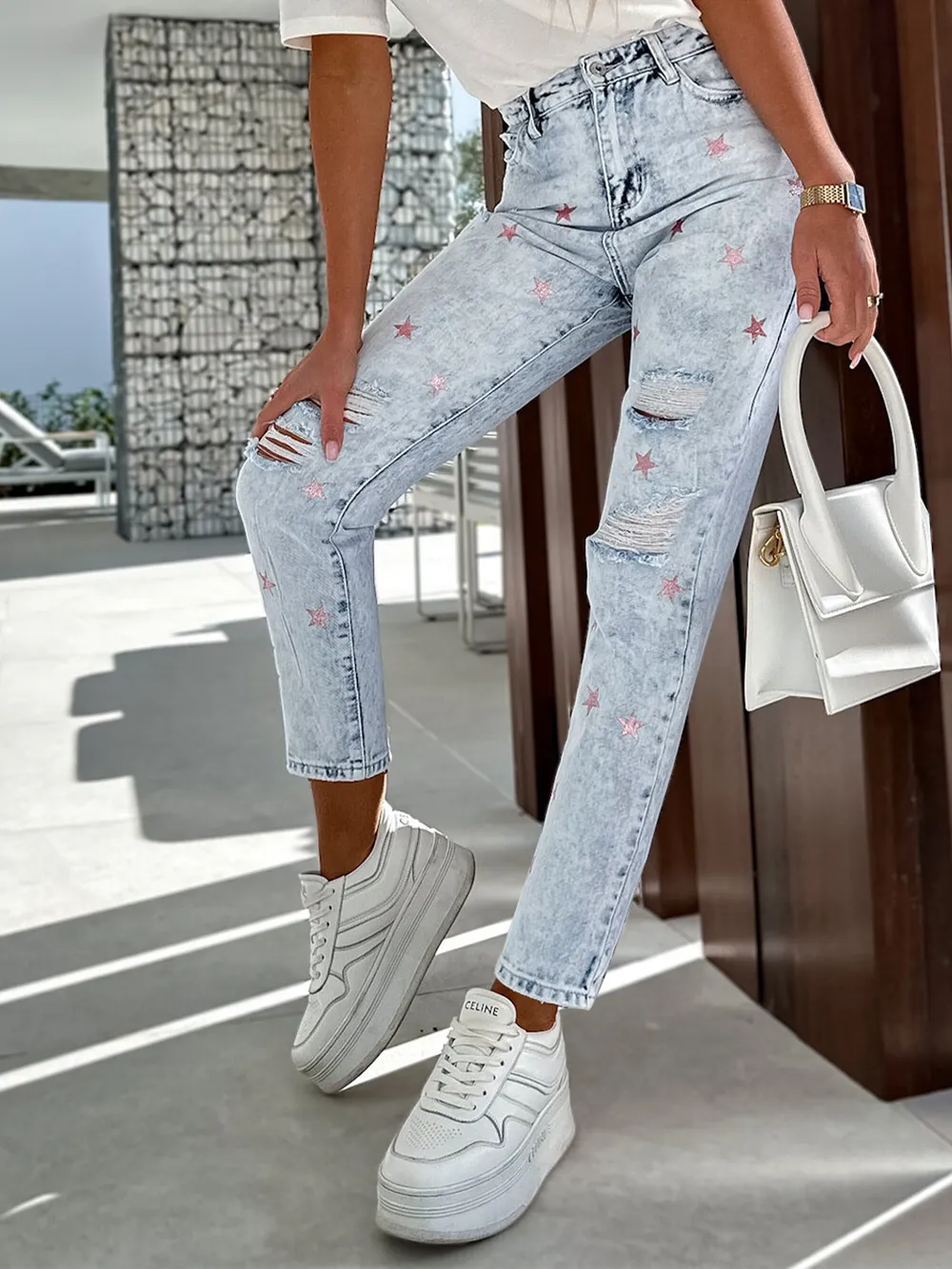 Distressed Star Straight Jeans with Pockets, image 3