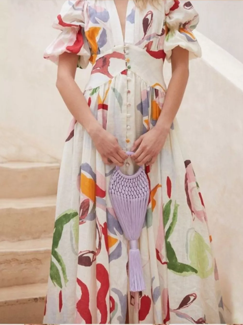 Full Size Abstract Print Puff Sleeve Midi Dress Plus Size, image 2