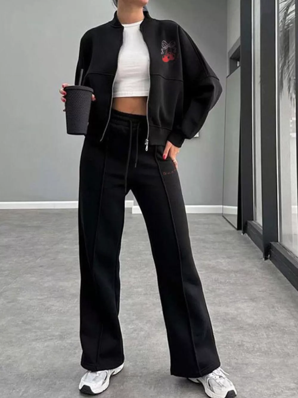 Zip Up Dropped Shoulder Outerwear and Pants Set, image 3