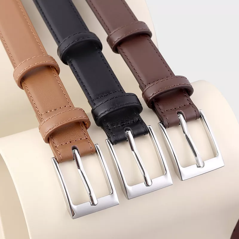 Classic Leather Skinny Belt with Silver Buckle, image 2