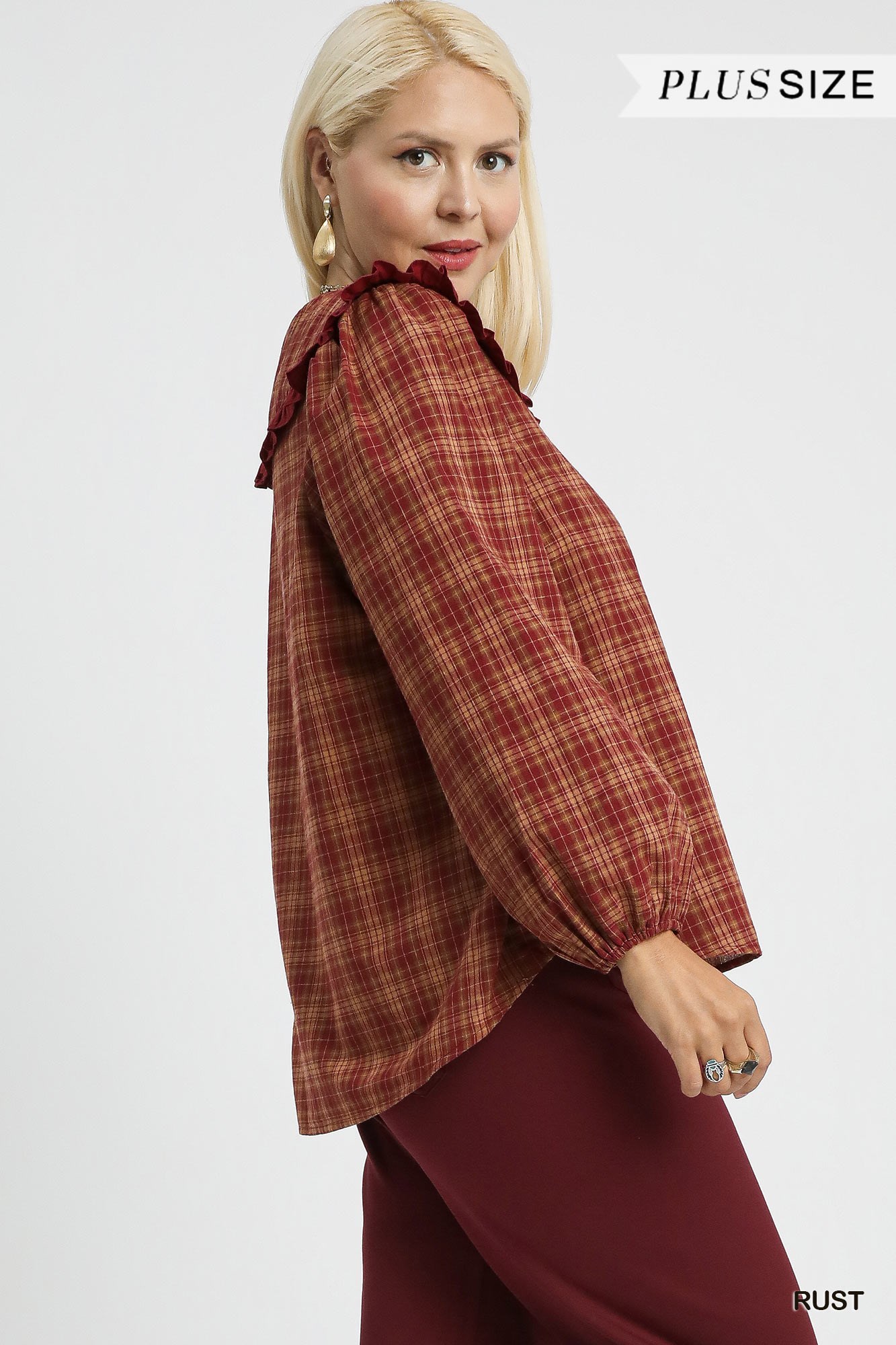 Full Size Plaid Ruffle Collar Blouse Plus Size, image 8