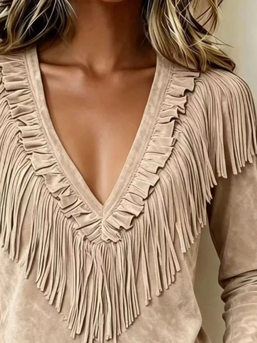 Fringed V-Neck Blouse, image 6
