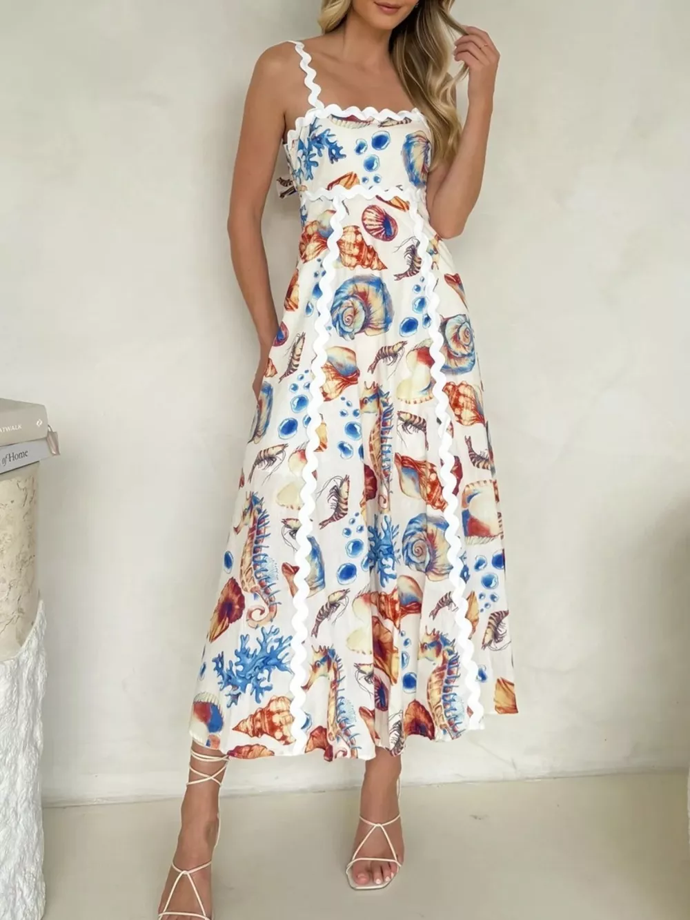 Seashell Print Scalloped Midi Dress, image 6