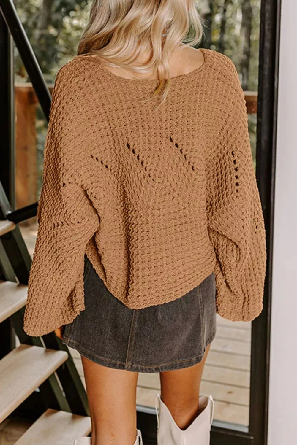 Hollowed Detail Wide Sleeve Loose Pullover Sweater, image 8