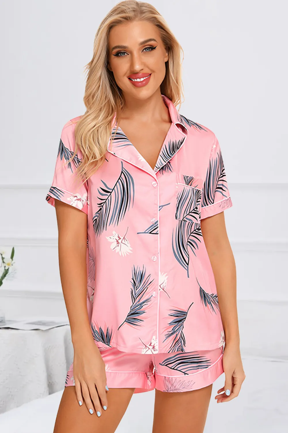 Printed Button Up Short Sleeve Top and Shorts Lounge Set, image 22