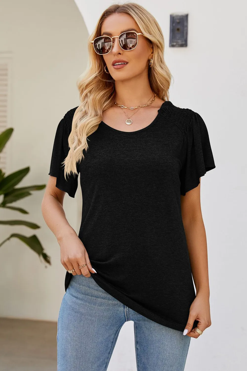 Smocked Round Neck Flutter Sleeve T-Shirt, image 11