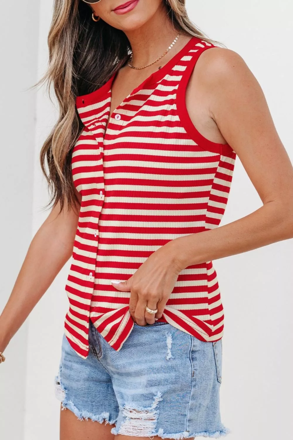 Stripe Buttoned Ribbed Knit Tank Top, image 4