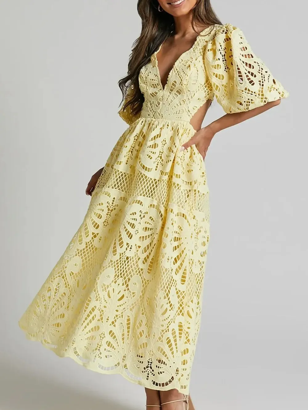 Cutout Back Lace Crochet V-Neck Dress, image 9