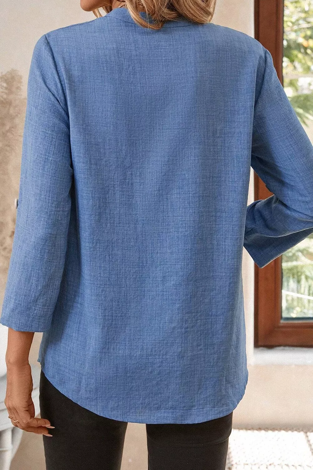 Casual Roll-Up Sleeve Notched Blouse, image 7