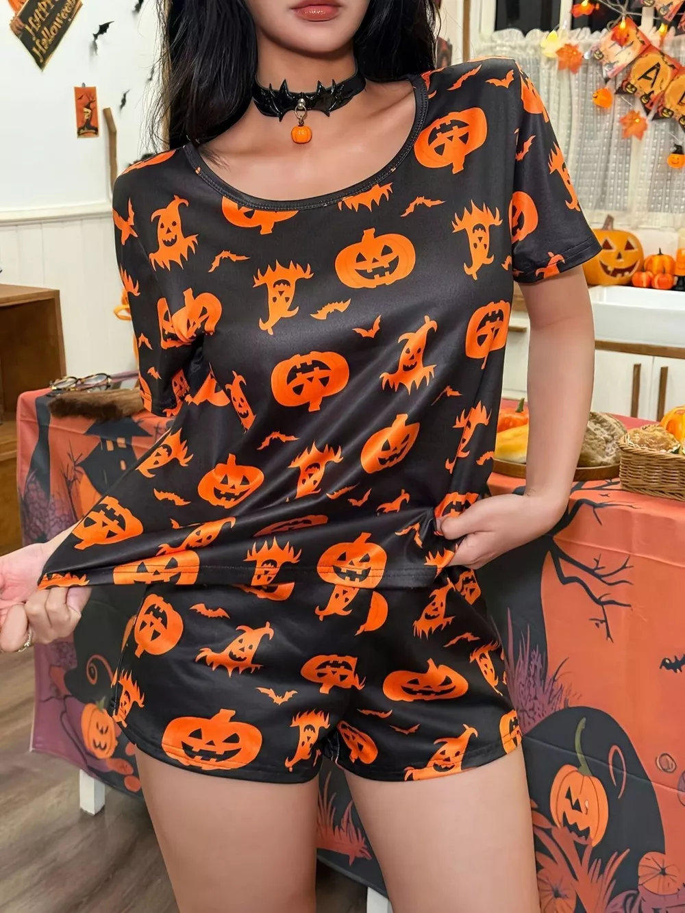 Halloween Print Short Sleeve Top and Shorts Lounge Set, image 7