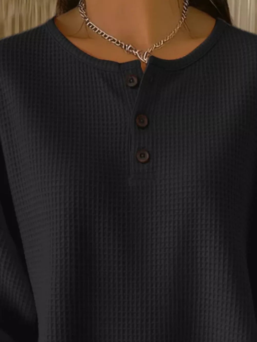 Full Size Casual Waffle Knit Button Detail Pullover Plus Size, image 11