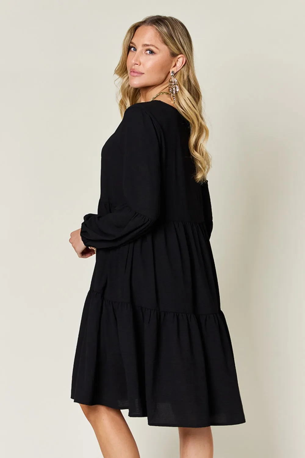 Full Size V-Neck Balloon Sleeve Tiered Dress with Pockets, image 17