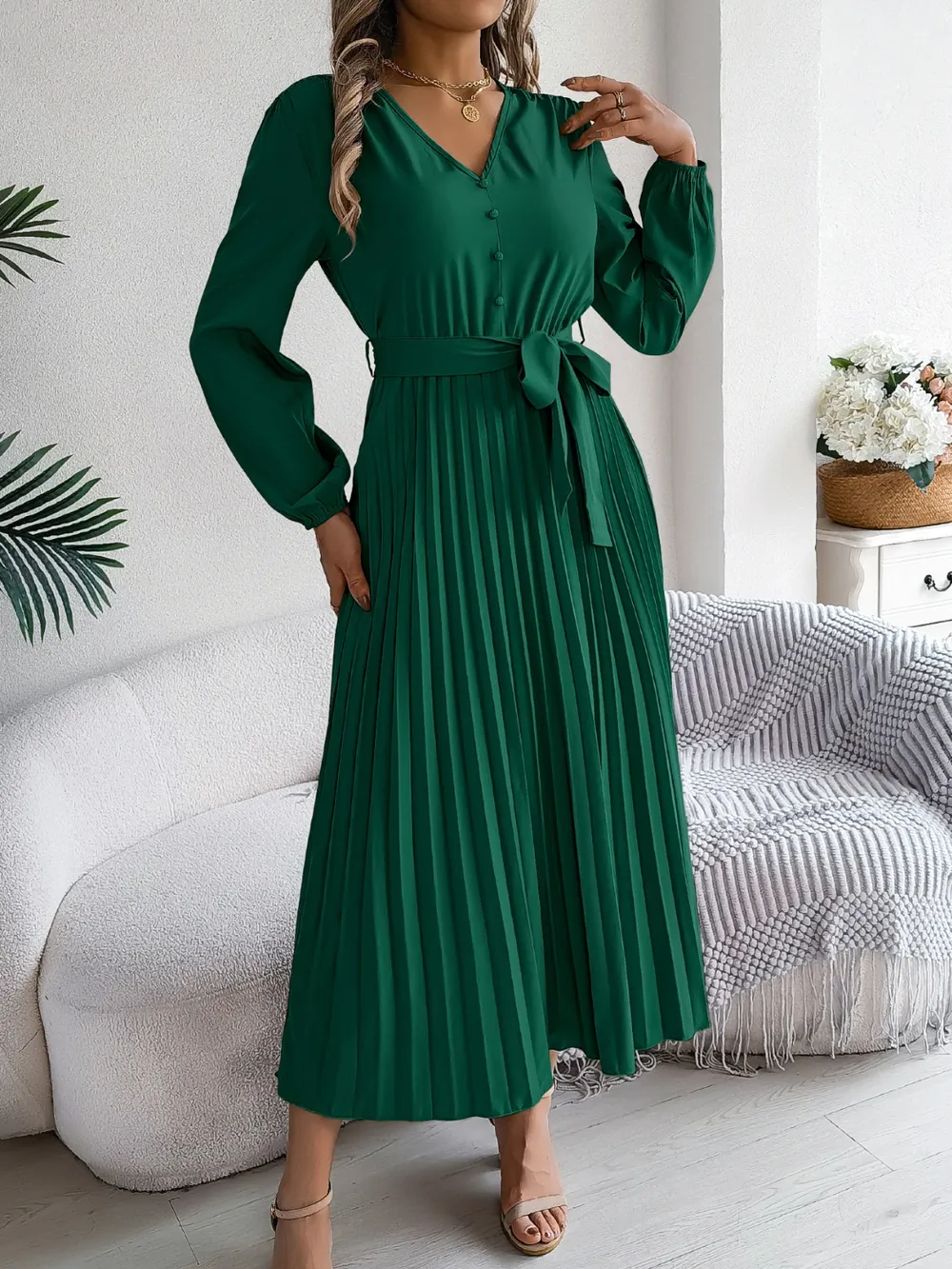 Pleated Tied V-Neck Long Sleeve Dress, image 16