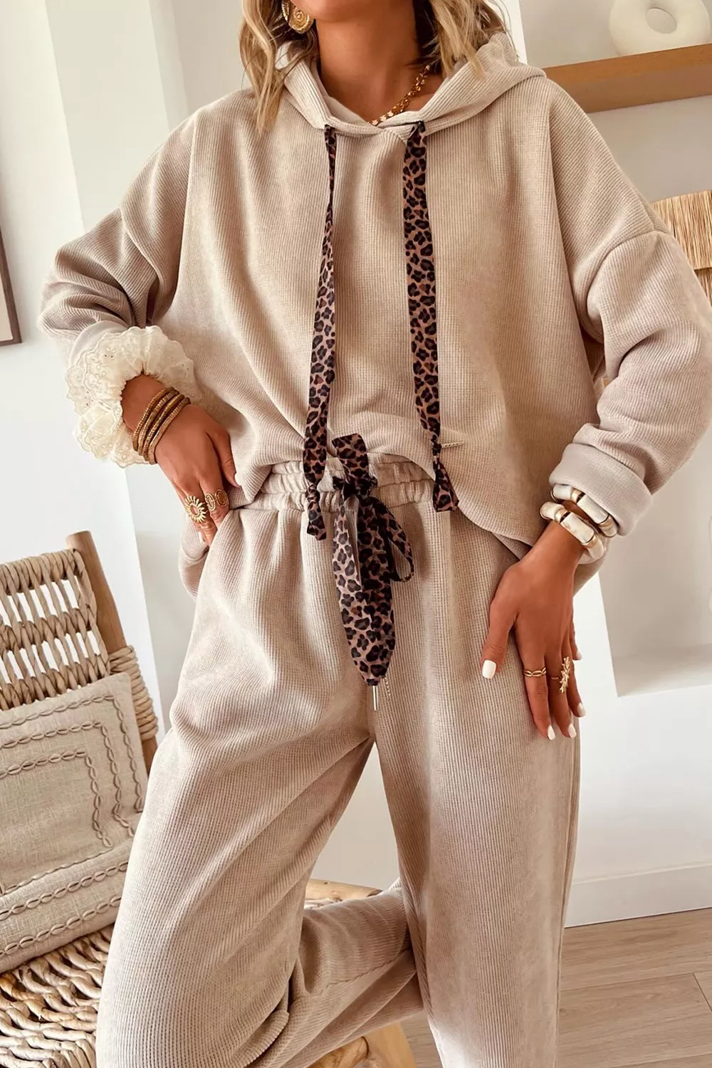 Leopard Drawstring Hoodie and Pants Set, image 3