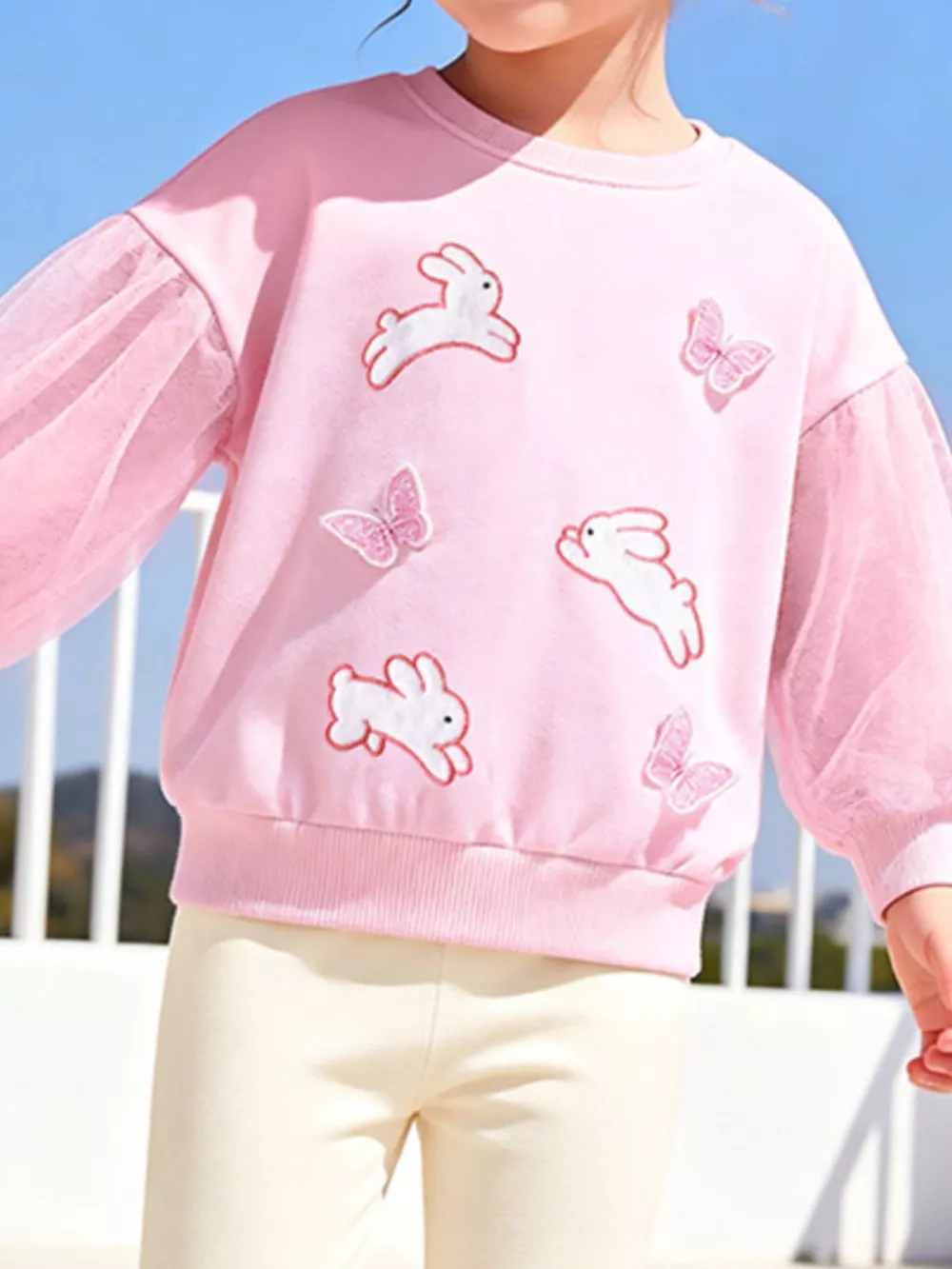Children's Bunny and Butterfly Mesh Sleeve Sweatshirt and Leggings Set, image 3