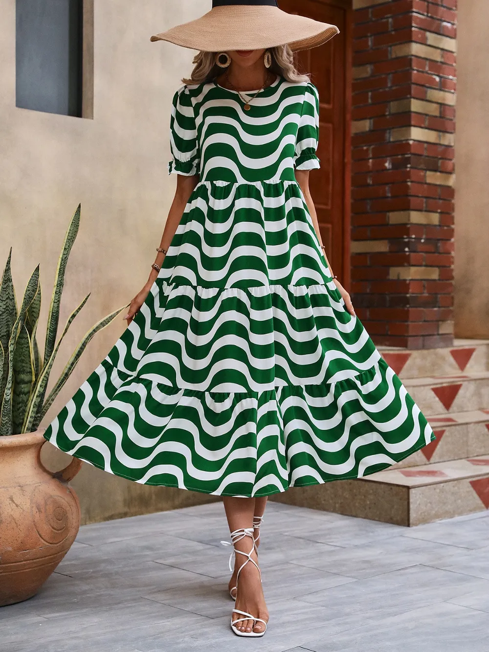 Wavy Striped Round Neck Short Sleeve Dress, image 15