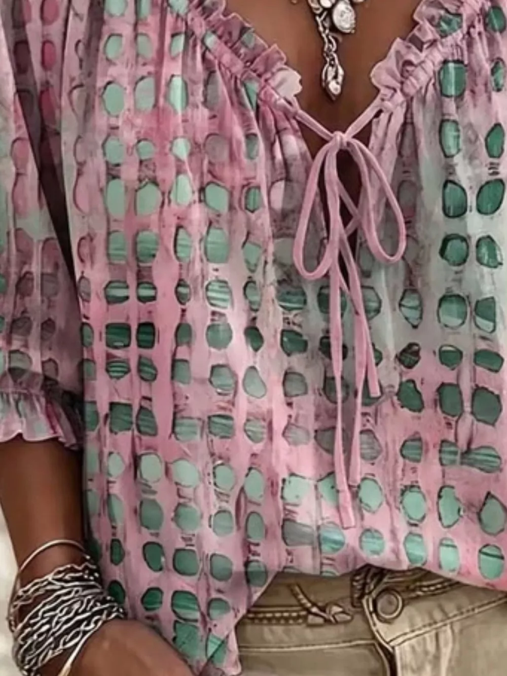 Full Size Tie Neck 3/4 Sleeve Blouse Plus Size, image 12
