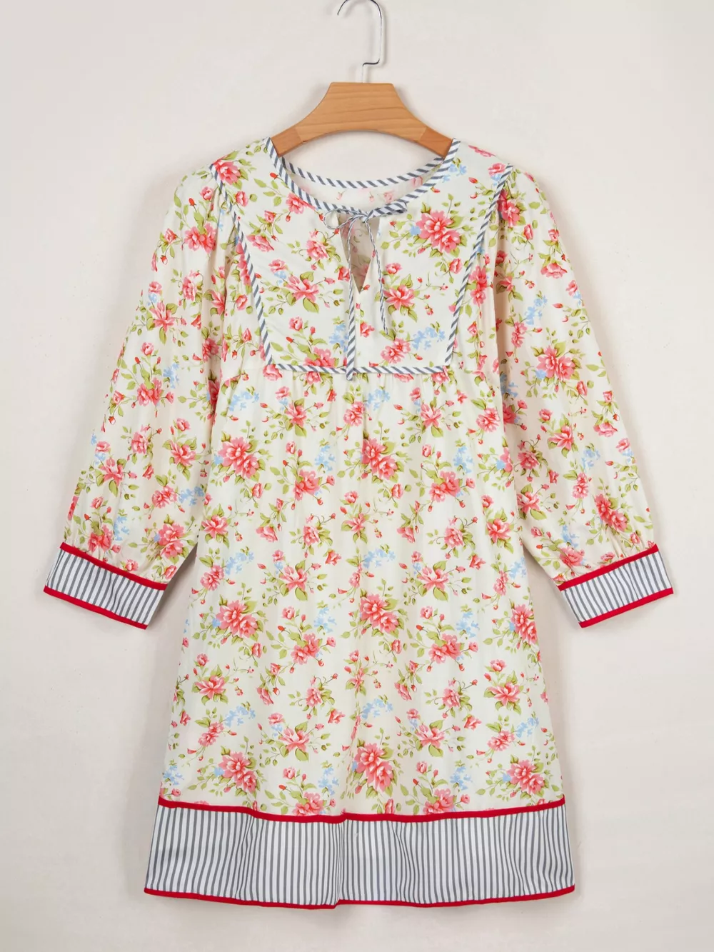 Striped Edge 3/4 Puff Sleeve Floral Dress, image 4