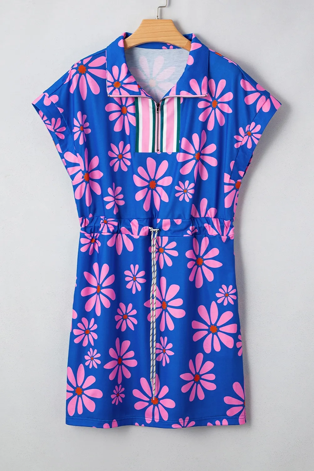 Floral Print Zip Collar Drawstring Summer Mini Dress, image 5