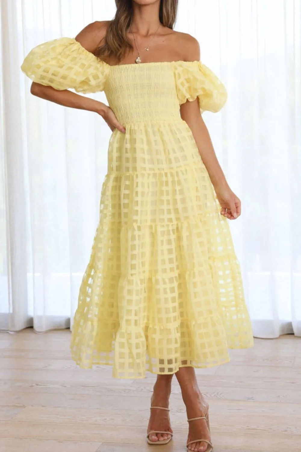 Off Shoulder Short Puff Sleeve Midi Dress, image 19