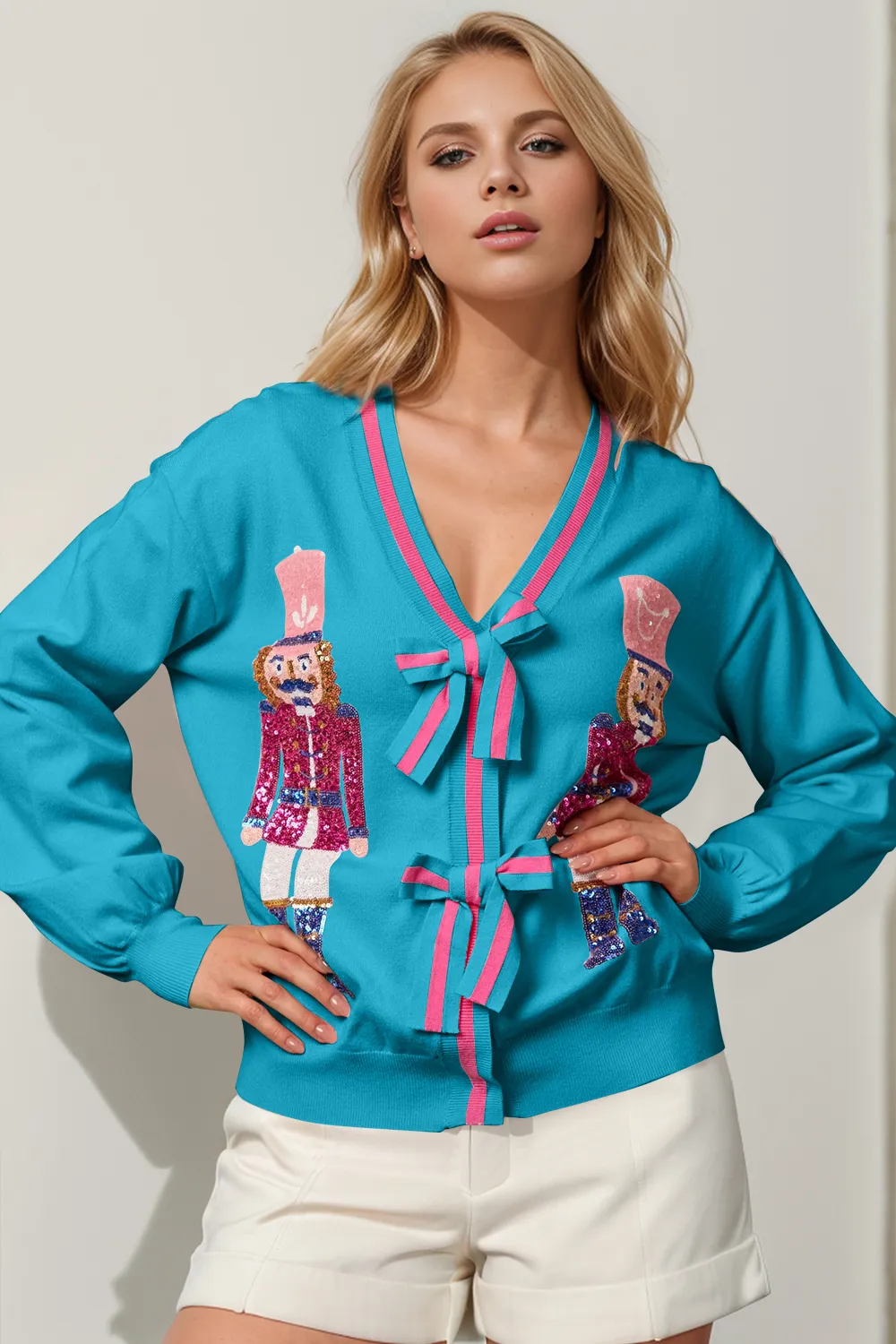 Full Size Nutcracker Sequin Bow Decor Cardigan, image 7