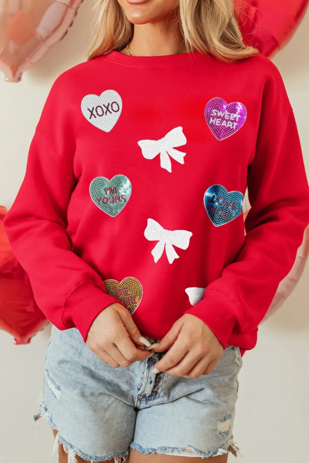 Valentine’s Day Sequin Bow Heart Round Neck Sweatshirt, image 4