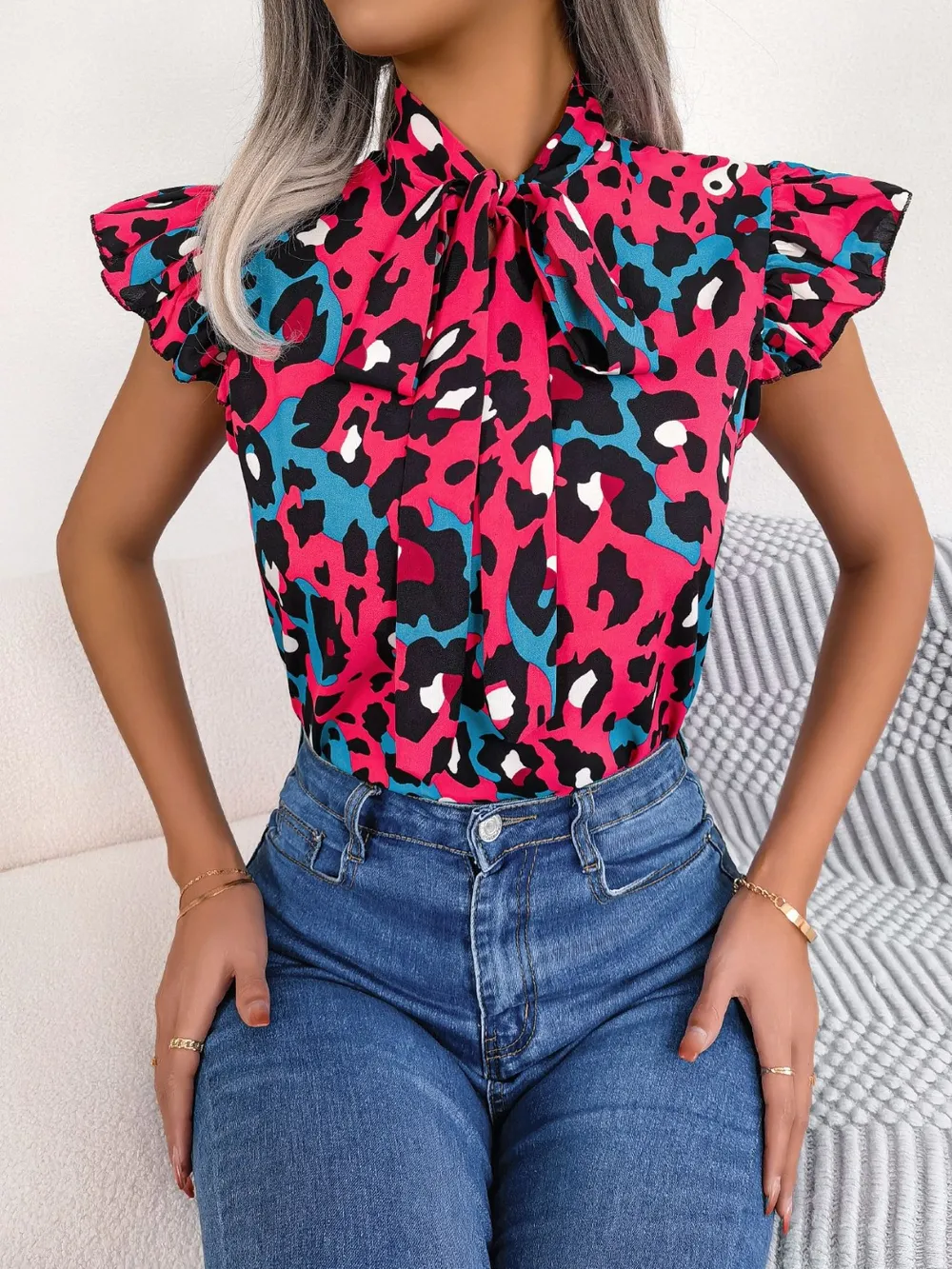 Leopard Tie Neck Cap Sleeve Blouse, image 14