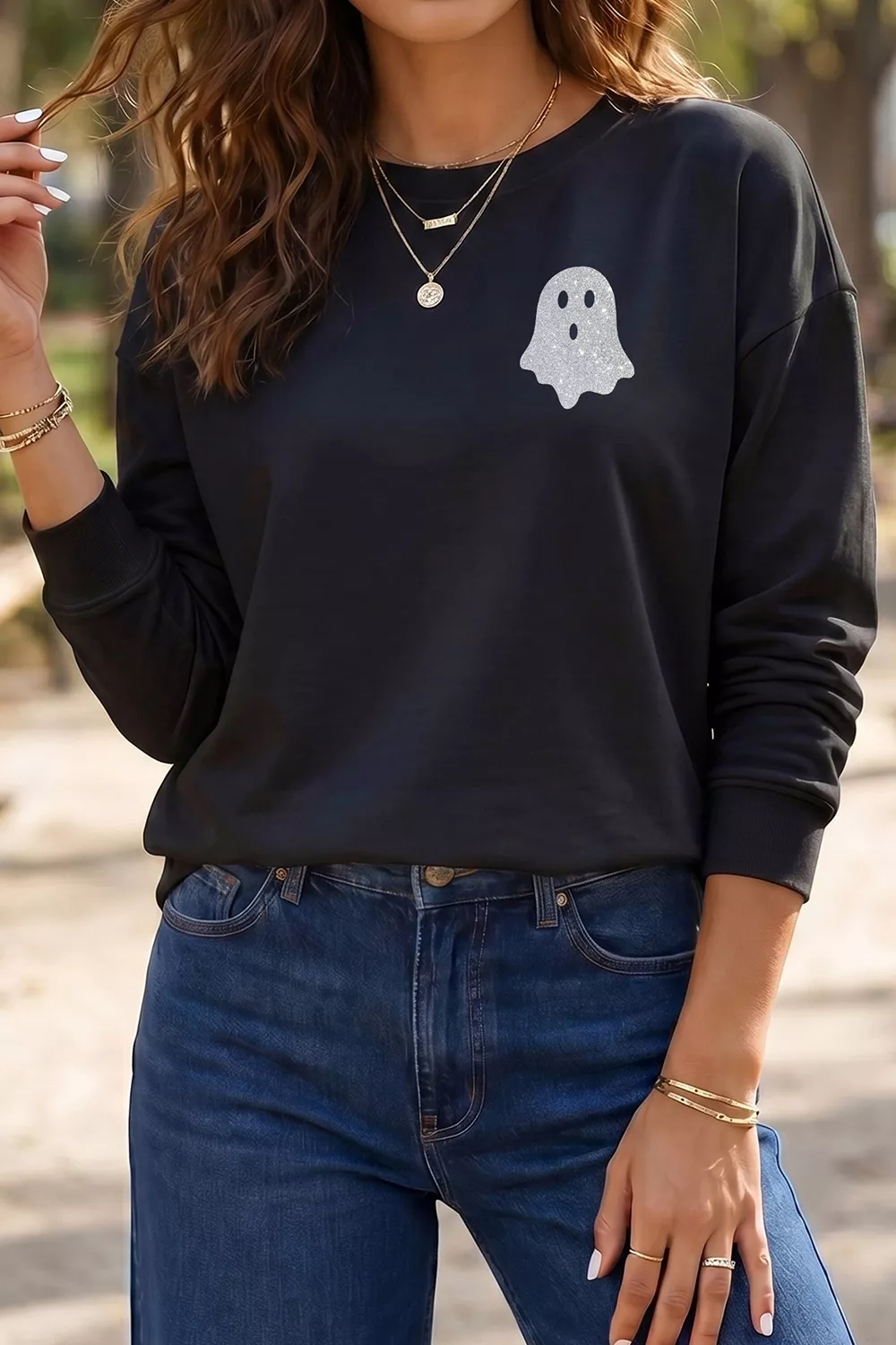 Round Neck Ghost Print Regular Fit Graphic Long Sleeve T-Shirt, image 2