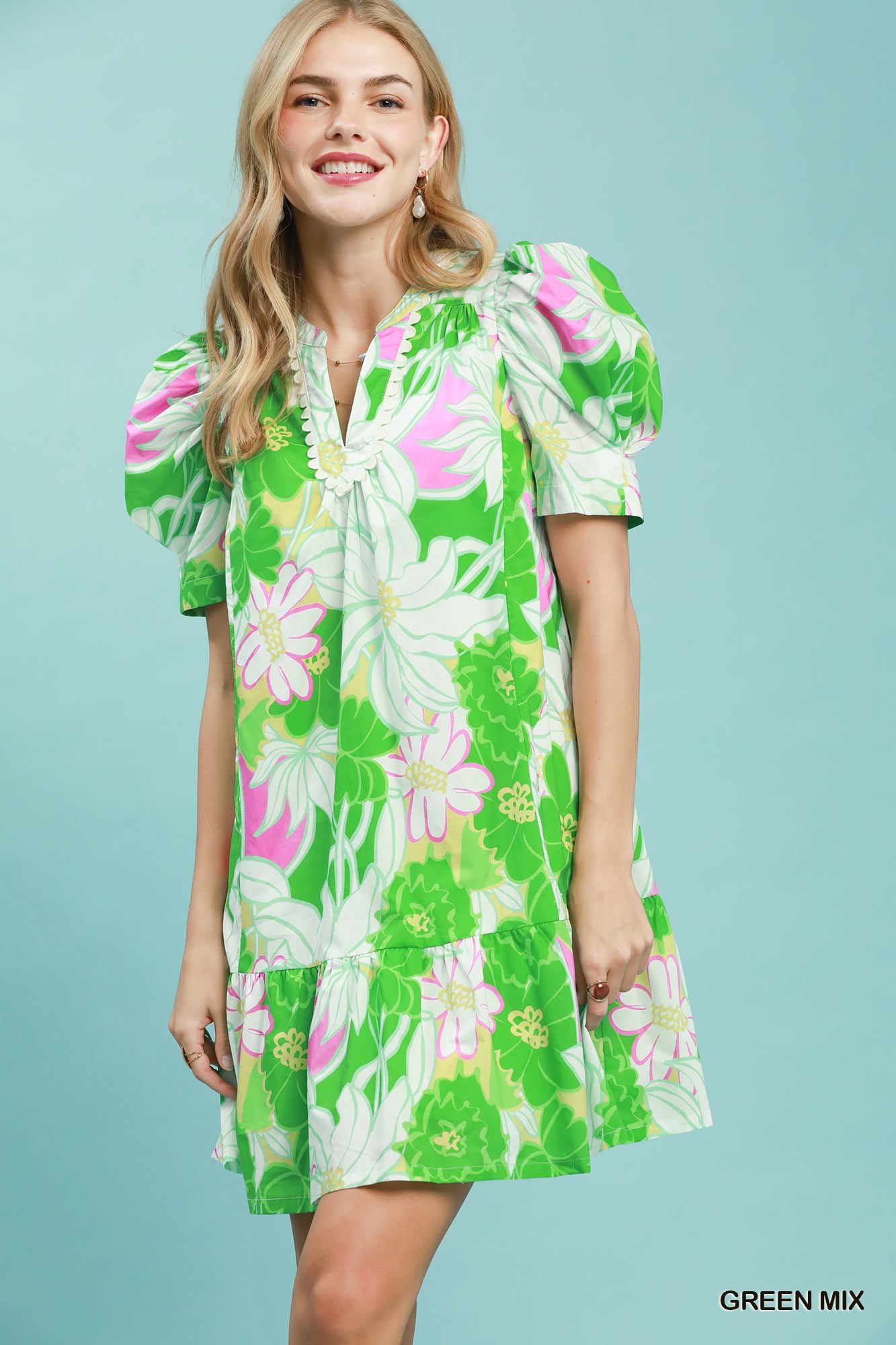 Floral Puff Sleeve Tiered Mini Dress