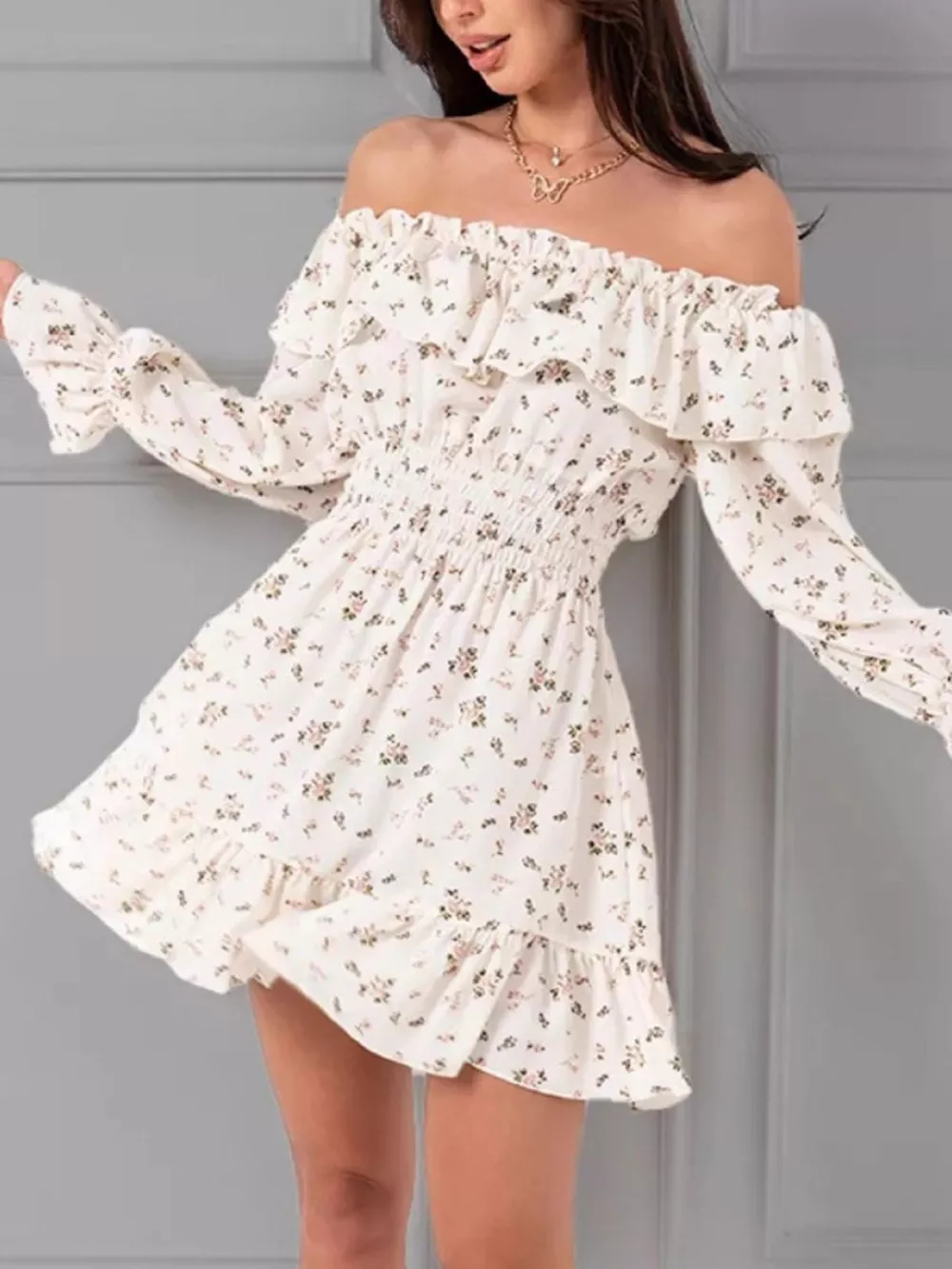 Off-Shoulder Floral Print Ruffle Dress