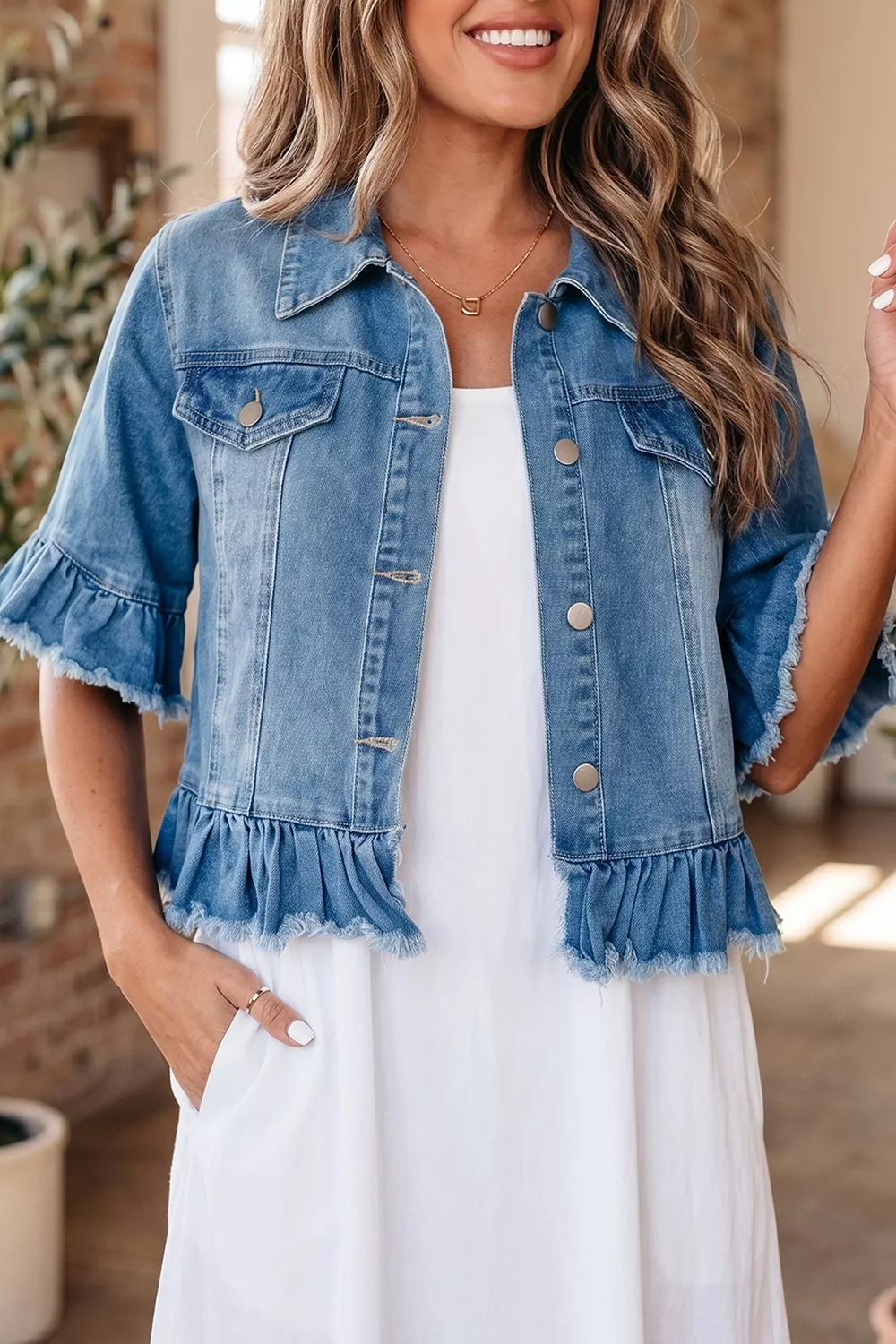 Ruffle Hem Raw Edge Half Sleeve Western Denim Jacket, image 6