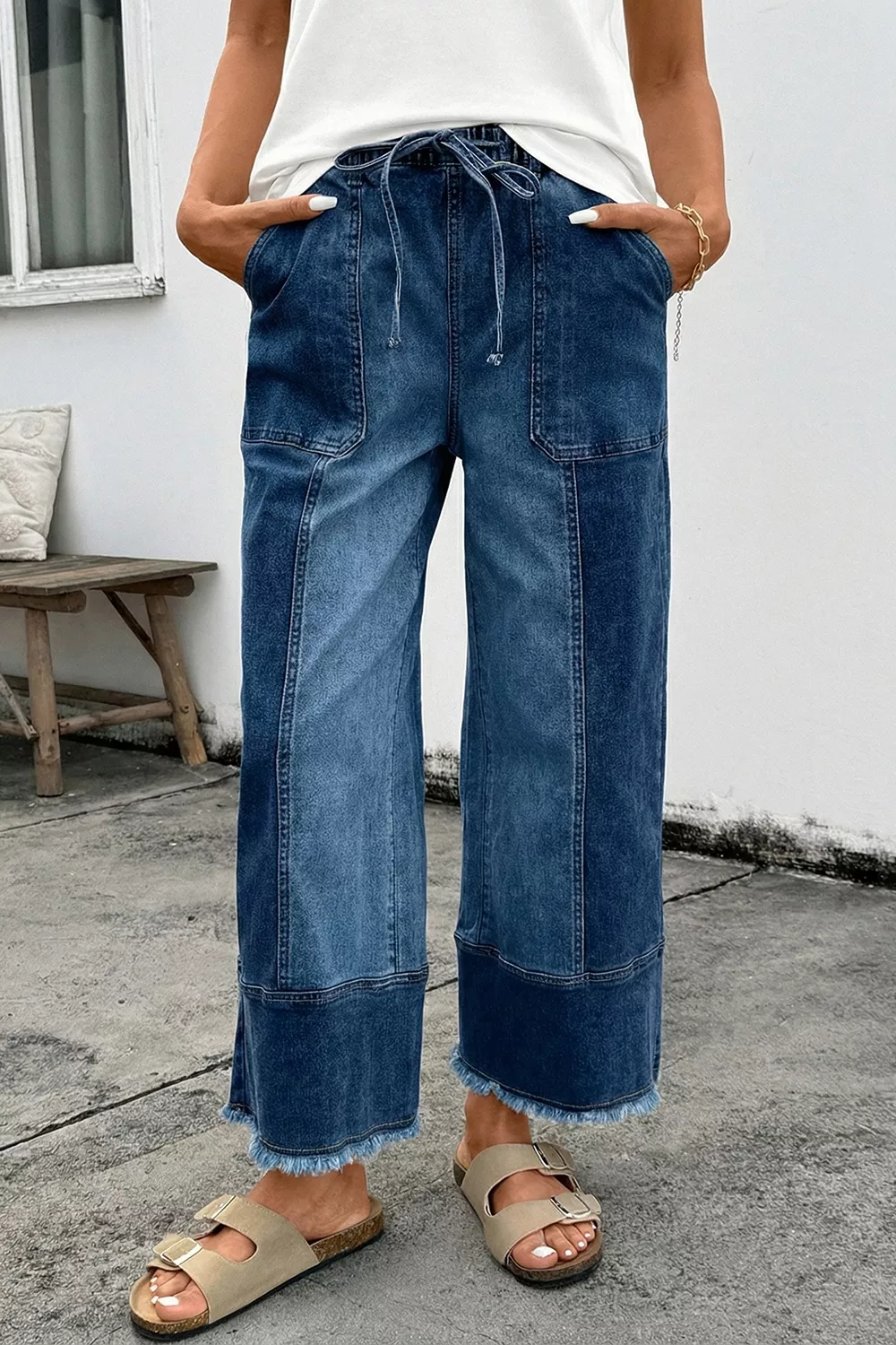 Drawstring Seam Detail Raw Hem Wide Leg Denim Pants, image 3