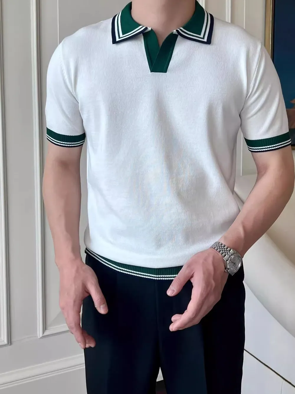 Men's Plus Size Classic Striped Collar Knit Polo Shirt, image 5