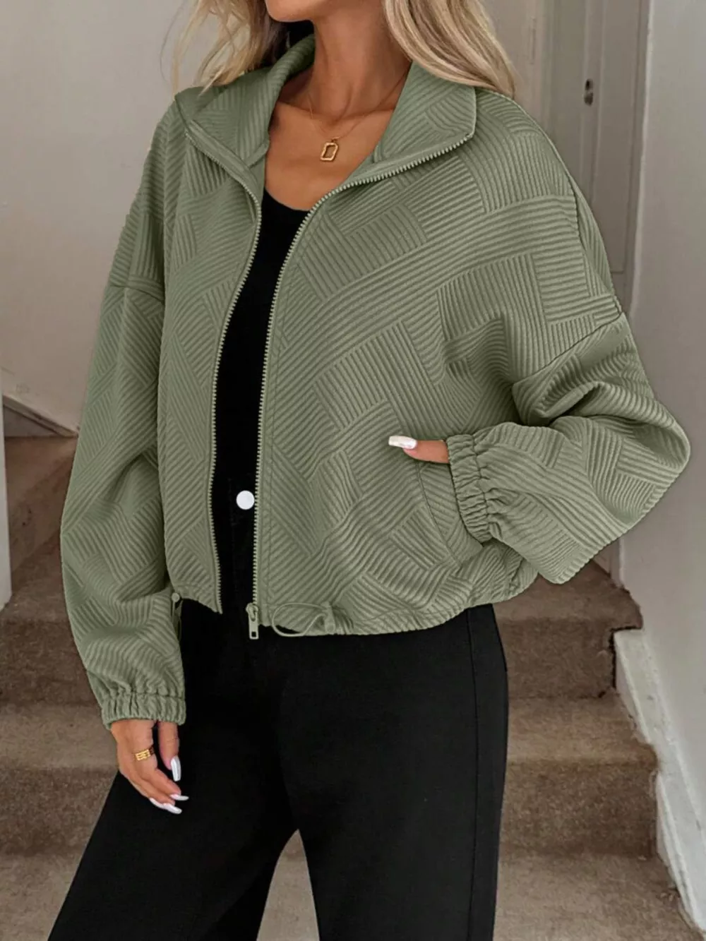 Textured Zip-Up Drawstring Hem Jacket, image 20