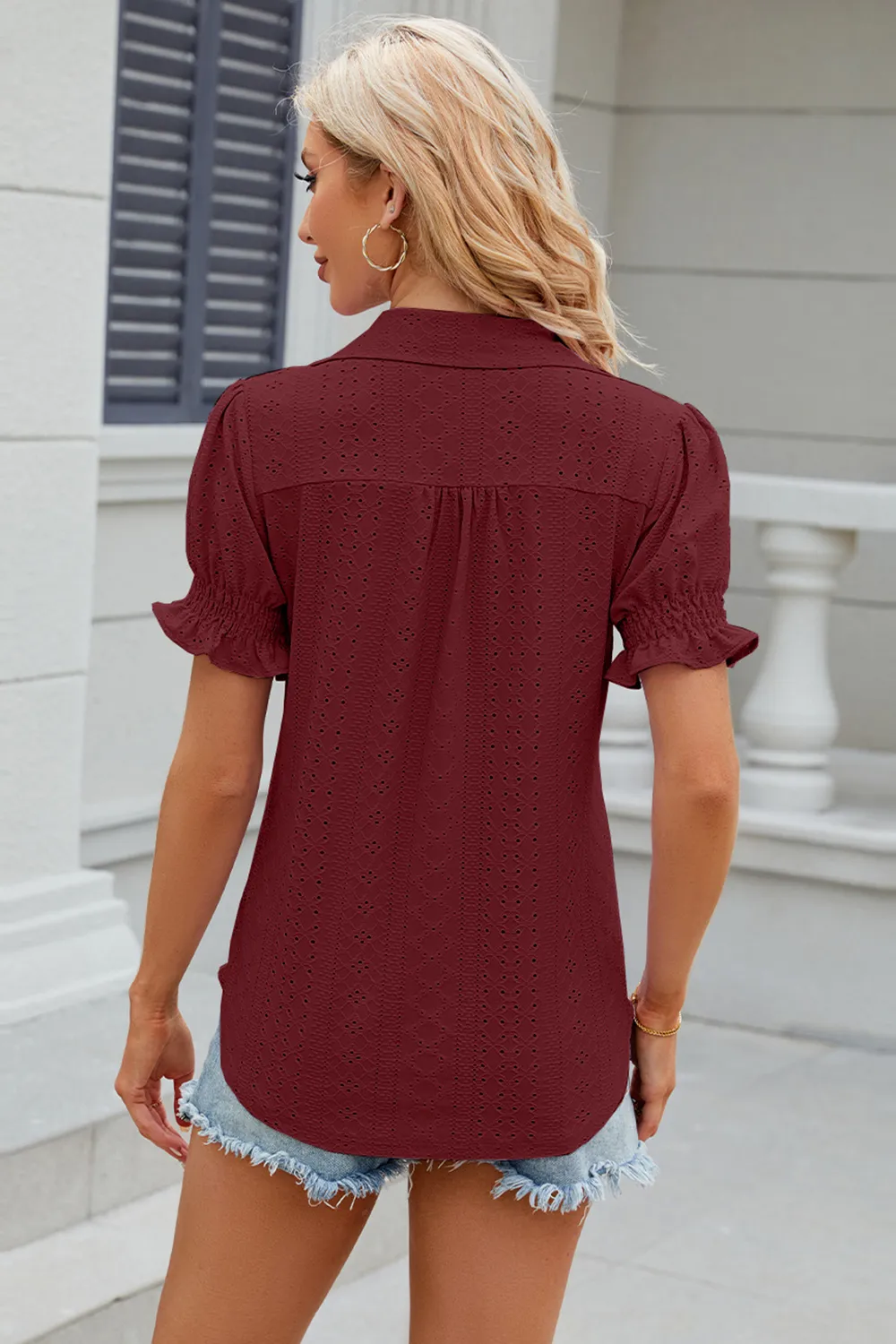 Eyelet Johnny Collar Short Sleeve Blouse, image 25