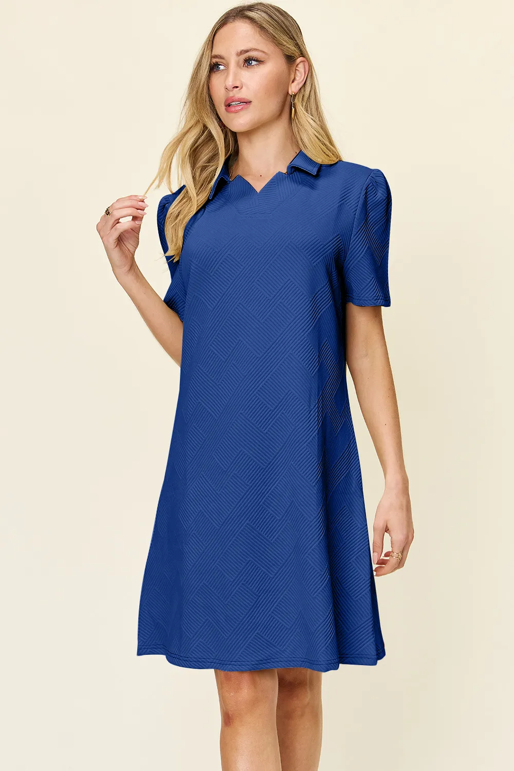 Full Size Texture Collared Neck Short Sleeve Dress, image 17