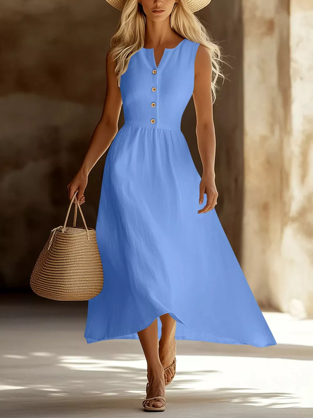 Sleeveless Button Front Flowy Midi Dress, image 6