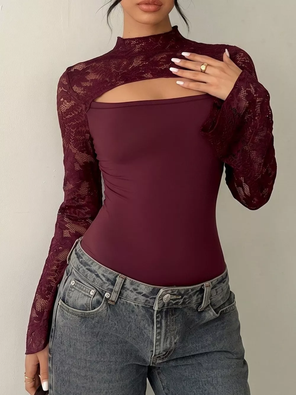 Lace Cut-out Flare Sleeve Bodysuit, image 3