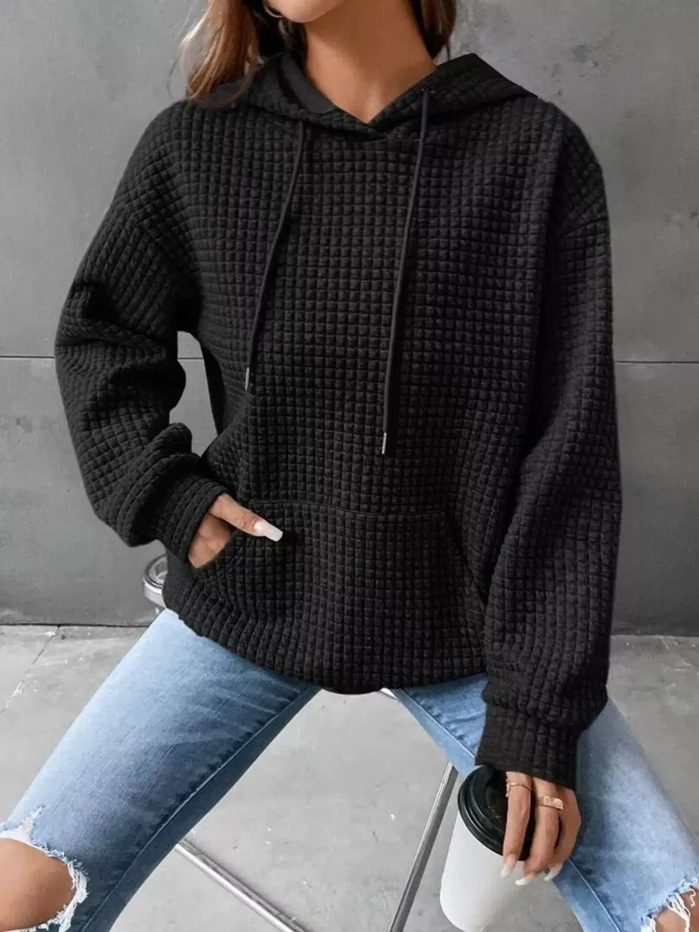 Waffle Knit Hoodie with Drawstring Details, image 9
