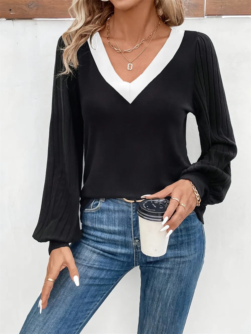 Contrast V-Neck Long Sleeve T-Shirt, image 3