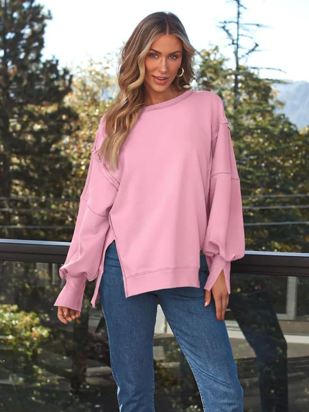 Slit Round Neck Long Sleeve Sweatshirt, image 14