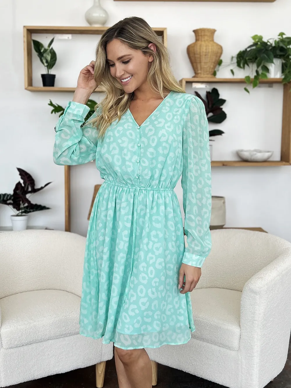 Full Size Printed Ruched V-Neck Long Sleeve Dress, image 13