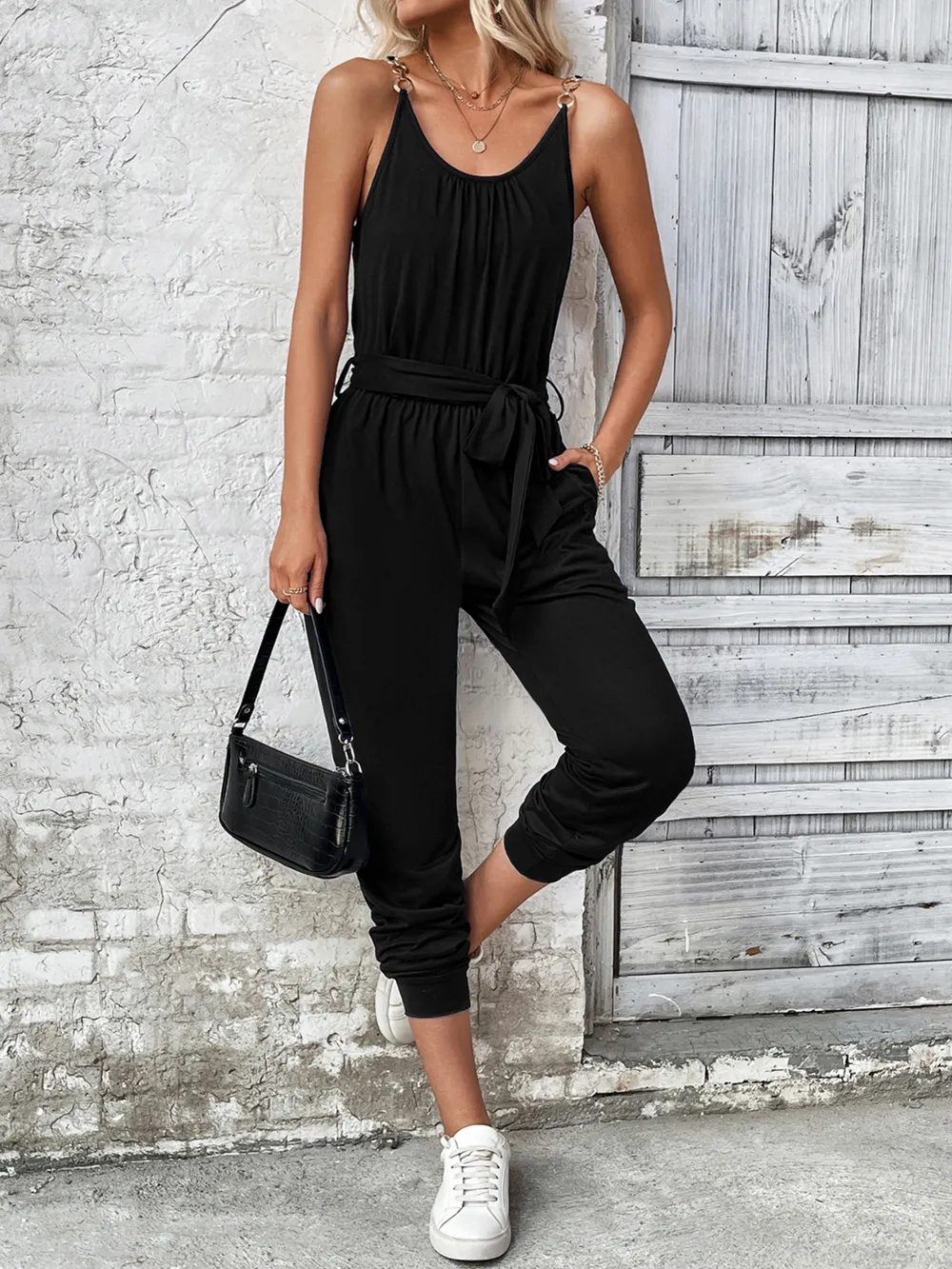Scoop Neck Tie Waist Jumpsuit, image 8