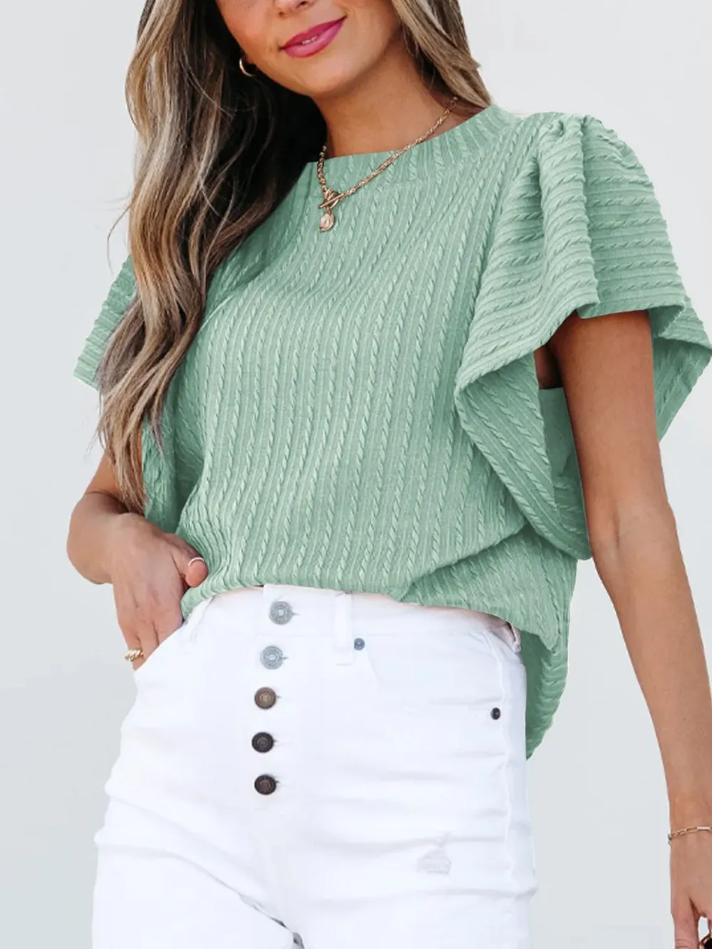 Round Neck Ruffle Sleeve Top, image 11