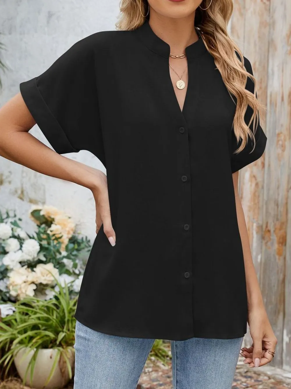 Notched Short Sleeve Blouse, image 21