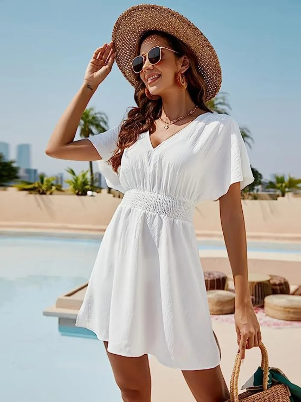 Smocked V-Neck Short Sleeve Dress, image 11